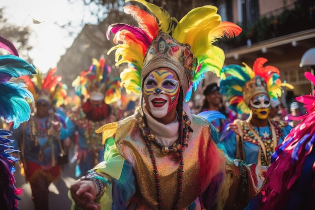 Mardi gras parade with colorful costumes and masks dancing in the streets created with generative ai