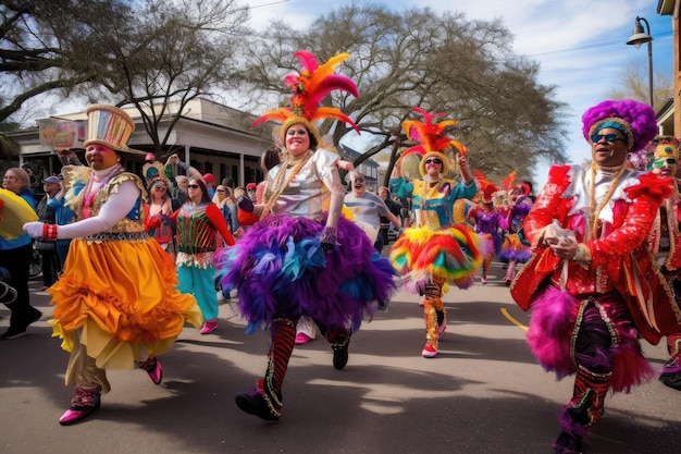 A mardi gras parade with colorful floats and dancing revelers created with generative ai