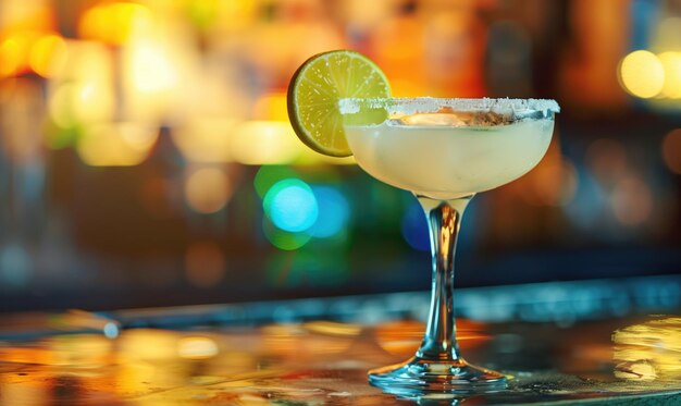 Margarita cocktail on a bar counter with slice of lime and no people with salt on the glass rim