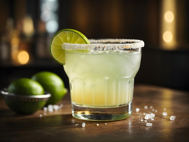 Margarita with a hint of sweetness served in a glass with a limesalt rim and a lime wheel garnish