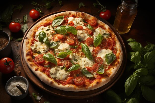 Margherita Pizza A simple and flavorful pizza topped with fresh tomatoes mozzarella cheese and basil leaves Generated with AI