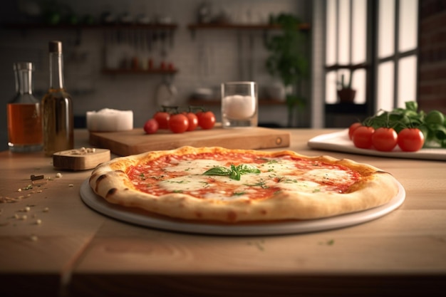 Margherita pizza on the table in the pizzeria generative ai