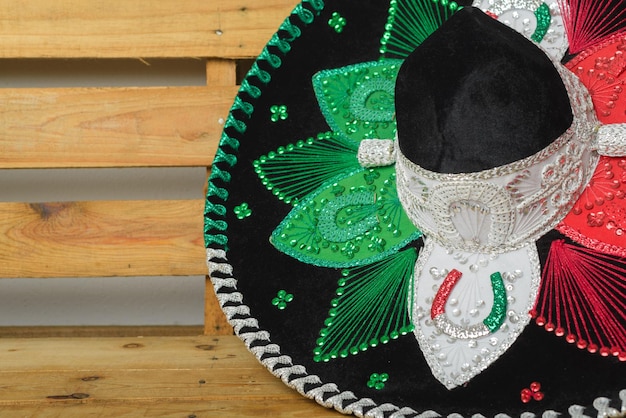 Mariachi hat on wooden background Mexican independence concept Cinco de mayo background