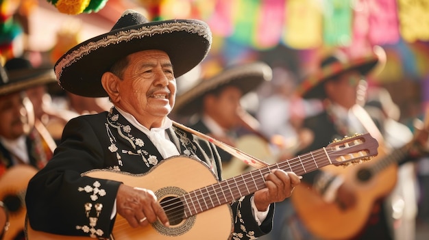 Photo mariachi musicians playing in front of colorful decorations while celebrating the mexican holiday