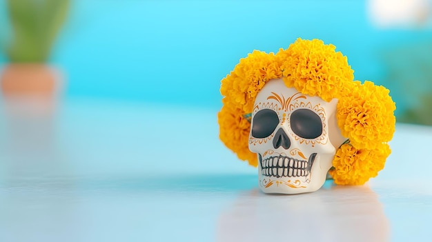 Photo marigold flower crown on day of the dead altar with clean white background