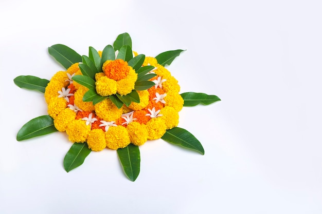 Marigold Flower rangoli Design for Diwali Festival, Indian Festival flower decoration