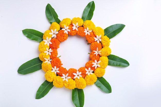 Marigold Flower rangoli Design for Diwali Festival, Indian Festival flower decoration