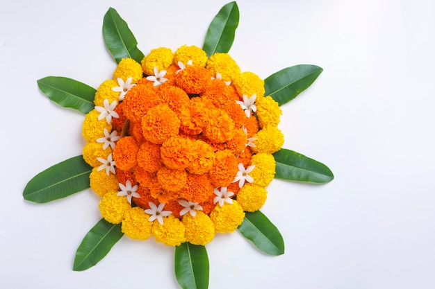 Marigold Flower rangoli Design for Diwali Festival, Indian Festival flower decoration