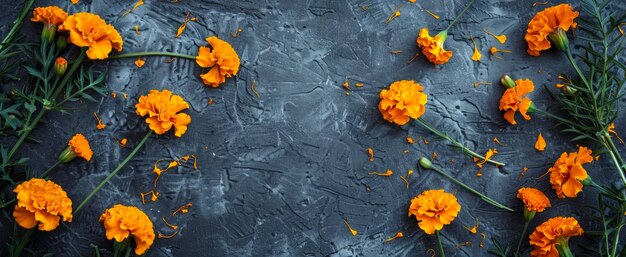 Photo marigold flowers on dark textured background copy space concept of floral arrangement nature beauty botanical design day of the dead dia de los muertos celebration greeting card