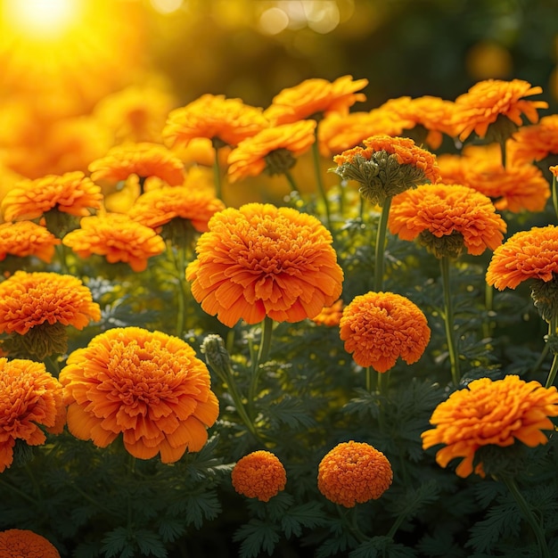 Marigold flowers in the garden at sunset Nature background