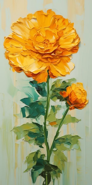 Marigold Oil Painting Of Orange Flowers In Dark Yellow And Aquamarine