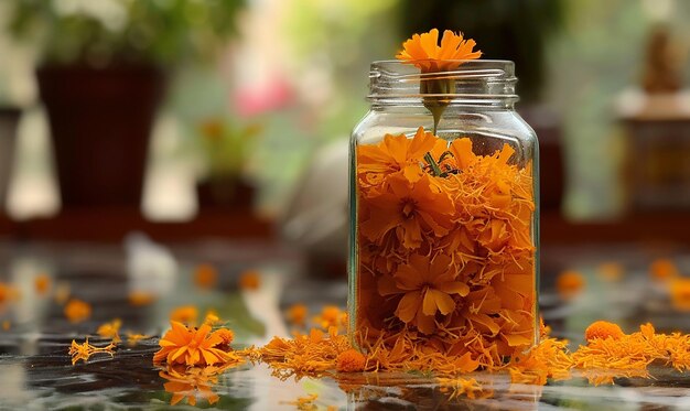 Photo marigold petals in glass jar