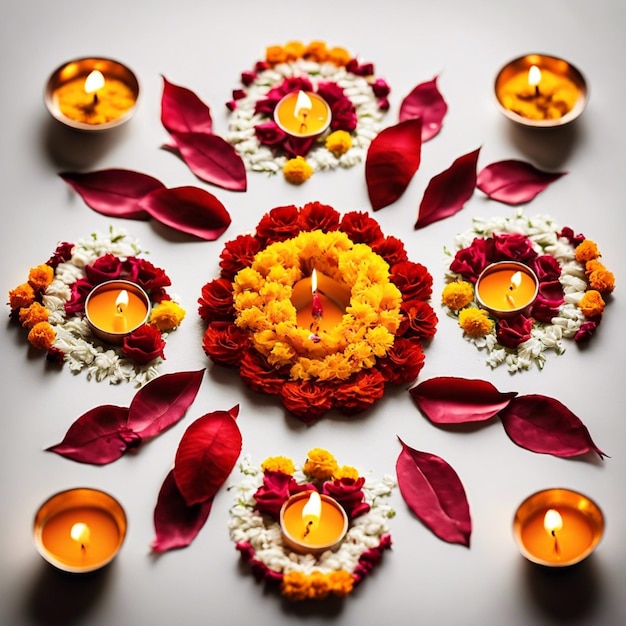 Marigold and Rose Petal Rangoli Isolated on white Background