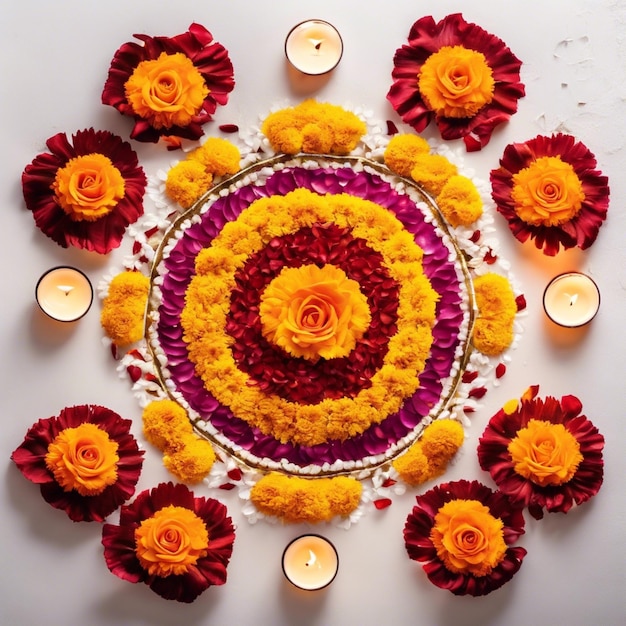 Photo marigold and rose petal rangoli isolated on white background