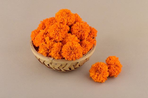 Marigold (Zendu Flowers) flowers in a bamboo basket