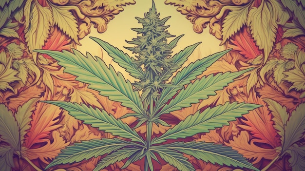 A marijuana leaf is shown in a colorful background.