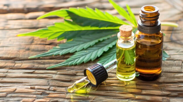 Marijuana oil in bottles and marijuana leaves on wooden table