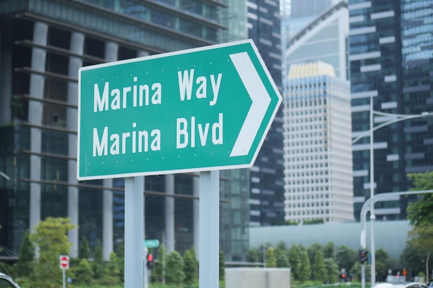 Marina bay road sign and buildings