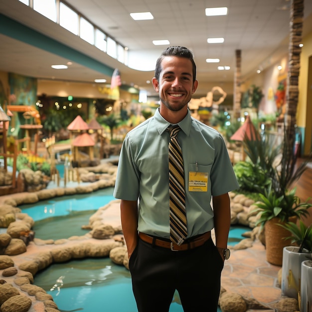 a marina finance bro at a indoor mini golf course