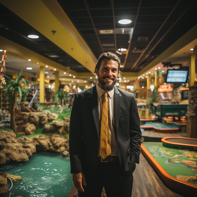 a marina finance bro at a indoor mini golf course