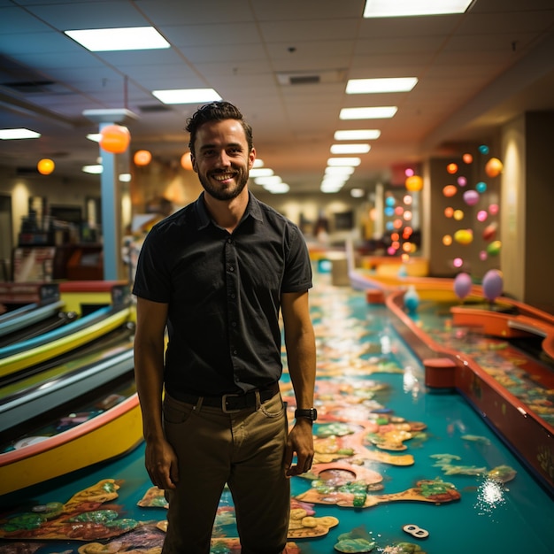 a marina finance bro at a indoor mini golf course