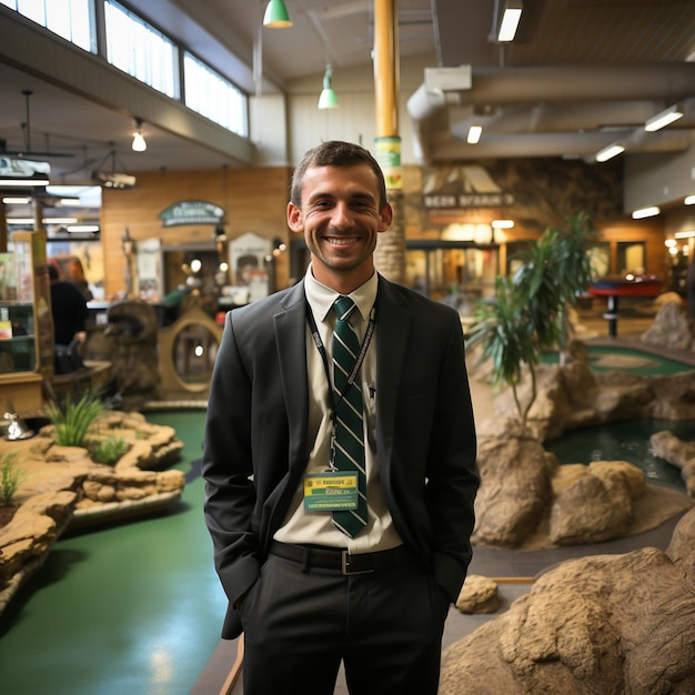 a marina finance bro at a indoor mini golf course