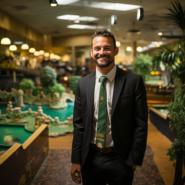 a marina finance bro at a indoor mini golf course