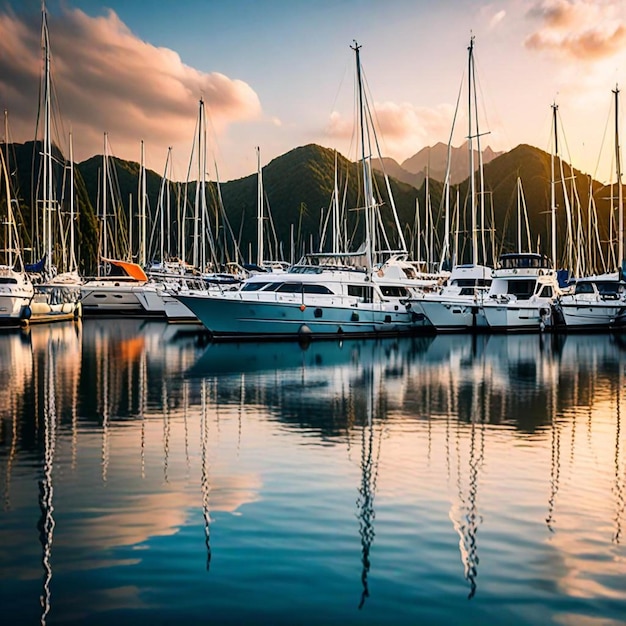 a marina with a boat and a mountain in the background