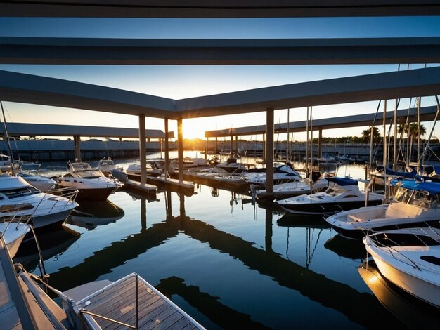 Photo a marina with boats and a dock with the sun setting behind them