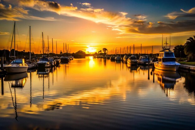 Photo a marina with boats and the sun setting in the background