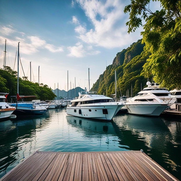 a marina with many boats and one has a wooden deck that says  no