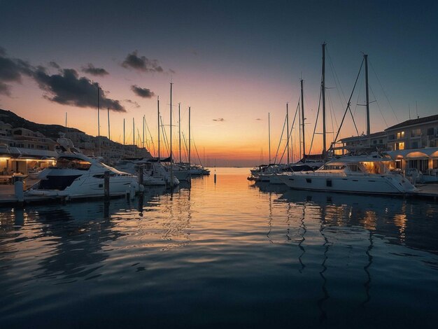 Photo a marina with many boats and a sunset in the background