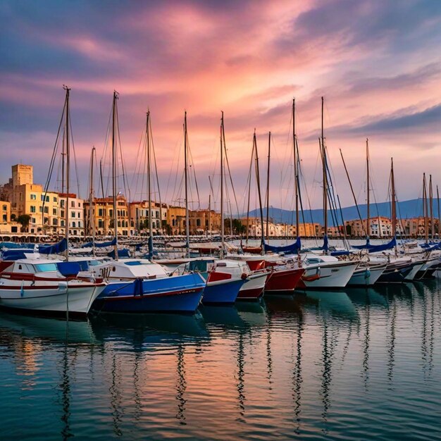 Photo a marina with many boats in the water and a sunset sky