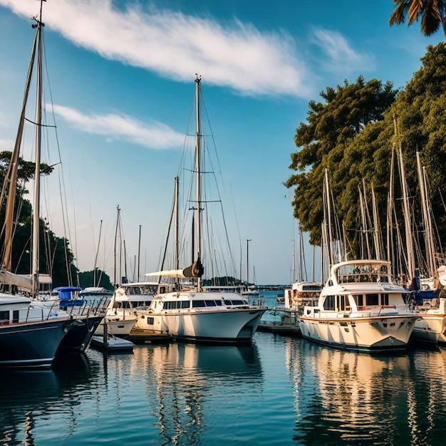 a marina with several boats and one has a blue sign that says  no sail