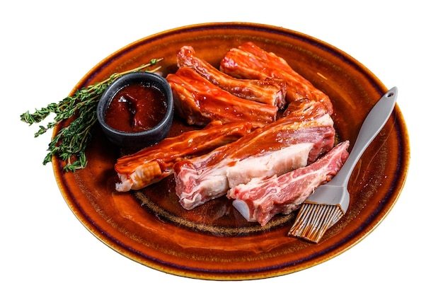 Marinated in bbq sauce sliced veal short spare loin ribs Isolated on white background