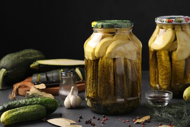 Marinated cucumbers and zucchini in jars on a dark background harvest for the winter