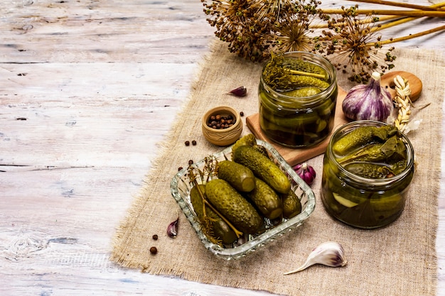 Marinated pickled cucumbers with spices and herbs