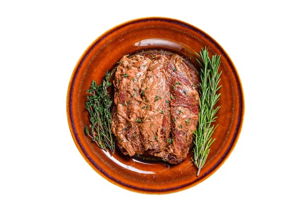 Marinated skirt bavette steaks in bbq sauce on a plata Isolated on white background