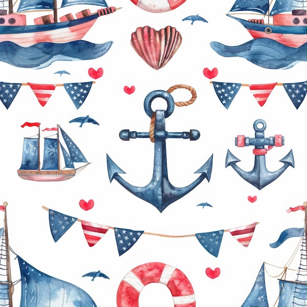 Marine adventure seamless watercolor pattern with anchor waves boat binoculars hell flags dots and hearts