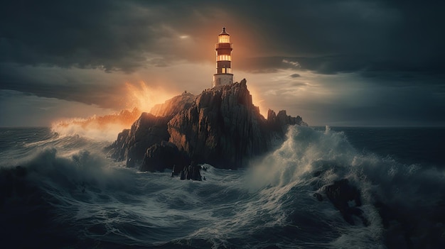 Marine background iron lighthouse in a stormy night shining its light through darkness neural