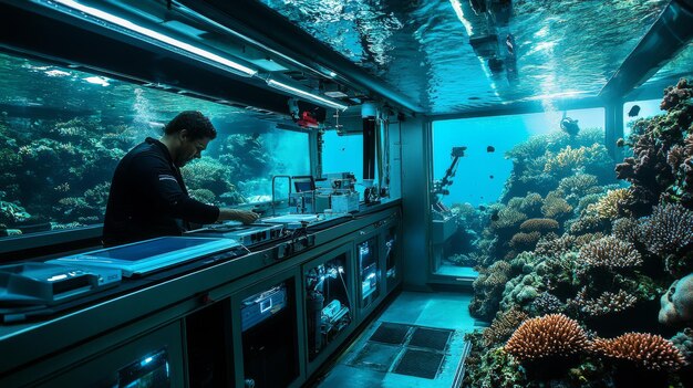 Photo marine biologist coral reefs underwater research station study