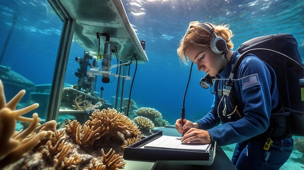 Photo marine biologist studying marine life in an aquarium