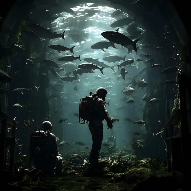 A marine biologist surrounded by fishes inside the sea