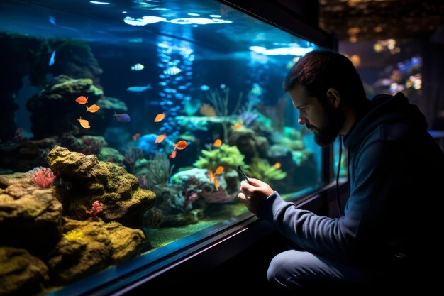 Photo marine biologist with eyes filled with wonder illuminated by the glow of an aquarium