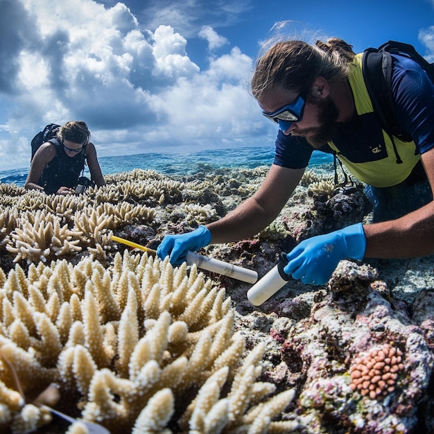 Photo marine conservationists restoring a damaged vibrant coral reef