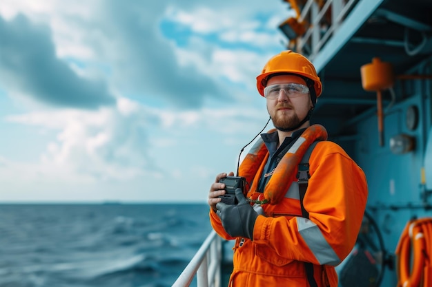 Photo marine deck officer or chief mate on deck of offshore vessel or ship wearing ppe