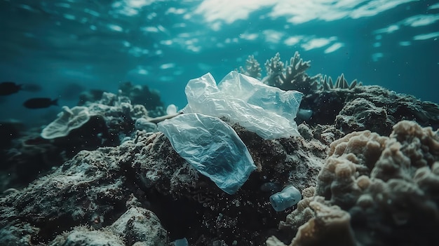 Photo a marine ecosystem struggling with plastic debris while conservation efforts aim to restore balance close up ocean preservation theme realistic overlay coral reef backdrop