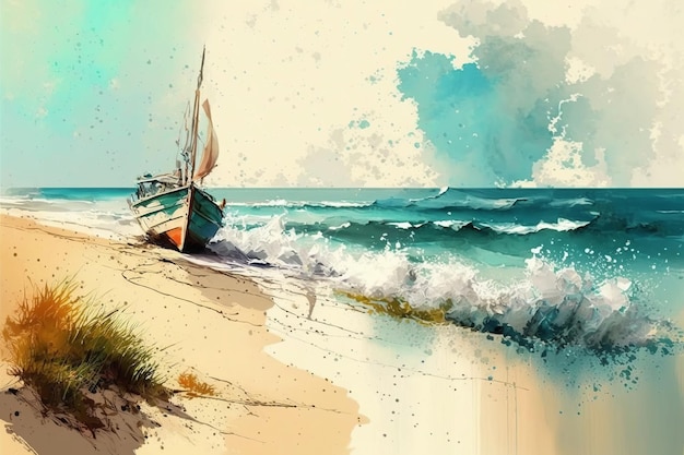 Marine natural landscape boat on sea or ocean Generative ai watercolor illustration