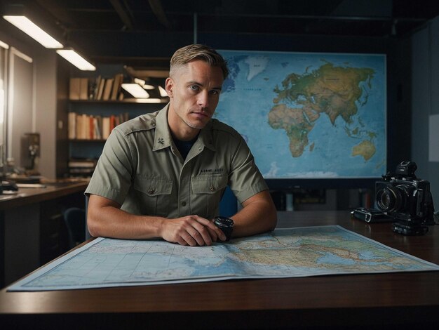 Photo marine policy analyst leaning against a counter with a_3