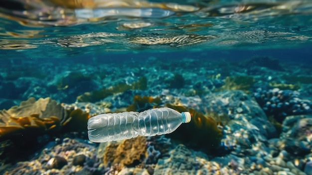 Photo marine pollution environment due to garbage bottle plastic float in underwater